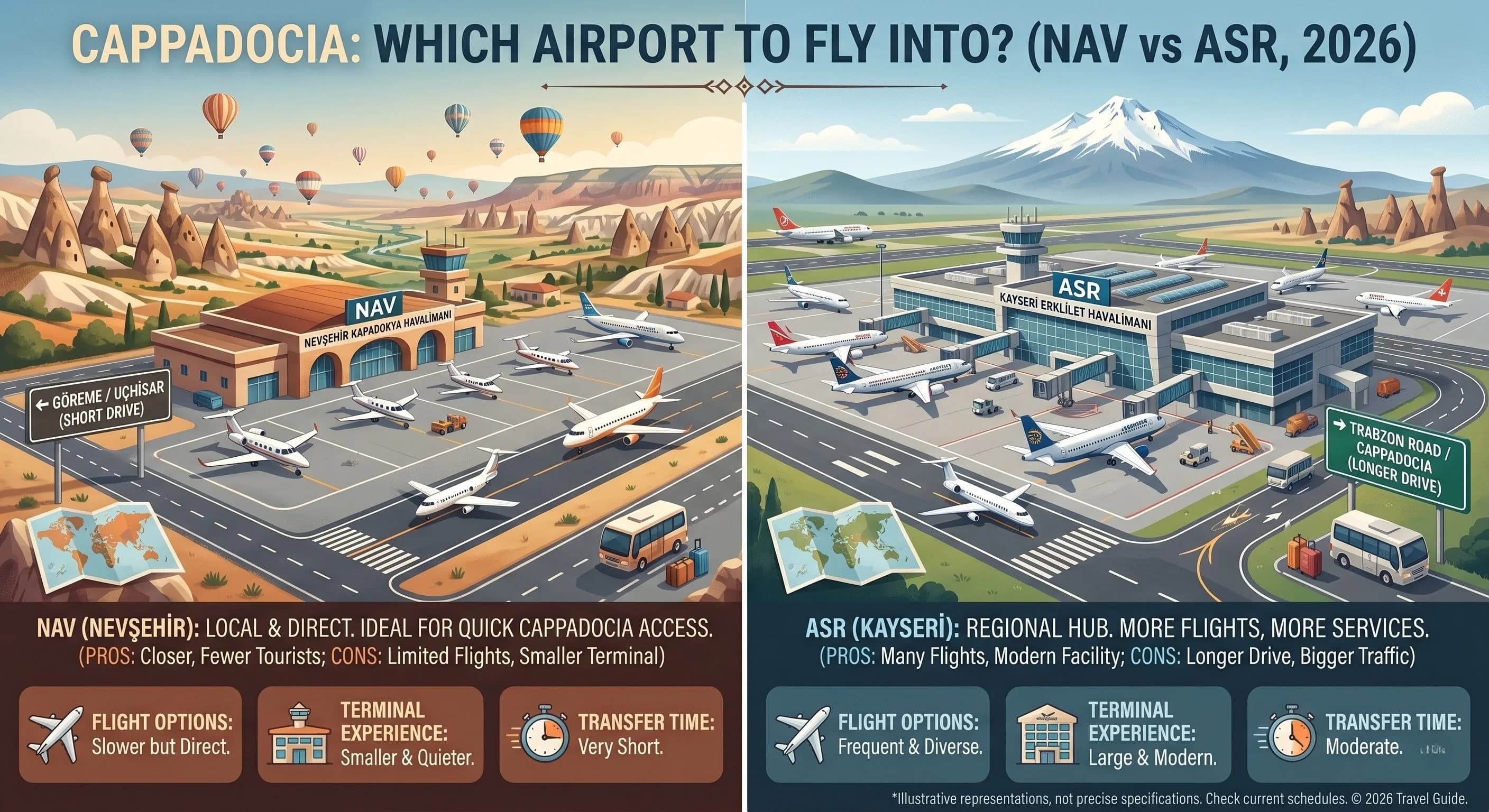 Cappadocia airport comparison: Nevşehir NAV vs Kayseri ASR airport — which to fly into in 2026