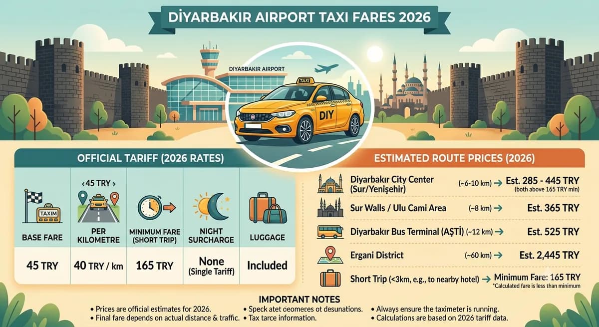 DIY airport, Diyarbakır Airport Taxi Fares 2026, Route Prices