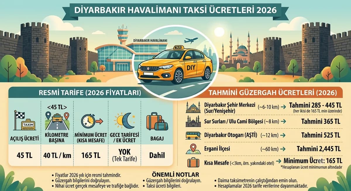 DIY havalimanı, Diyarbakır Havalimanı Taksi Ücretleri 2026, Güzergahlar